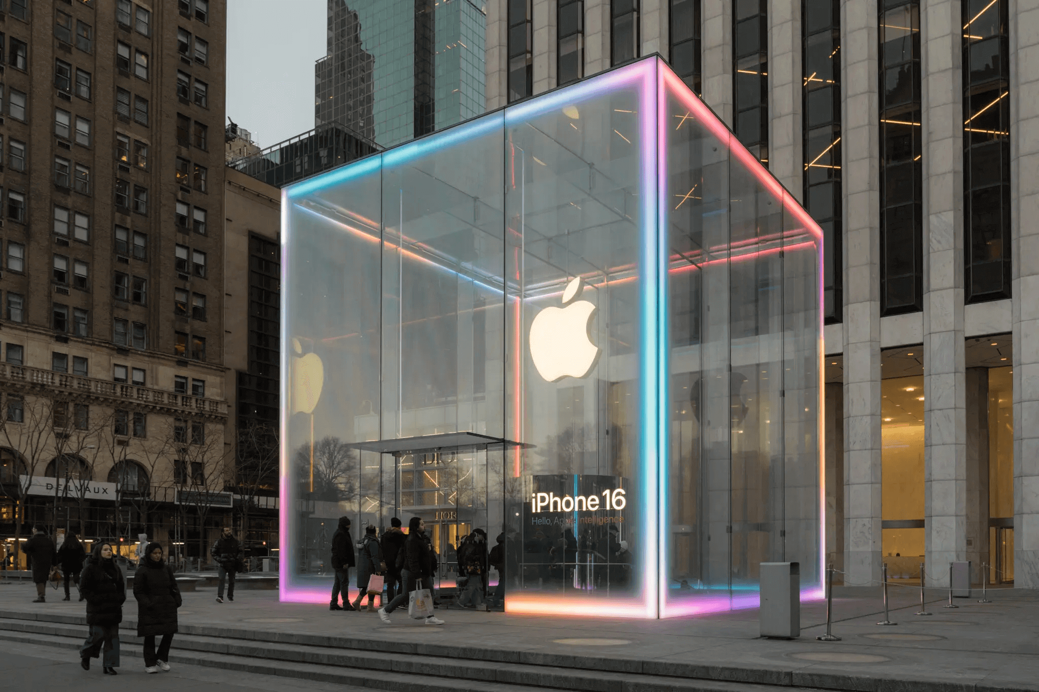 A vibrant apple store featuring a prominent neon sign illuminating its entrance.